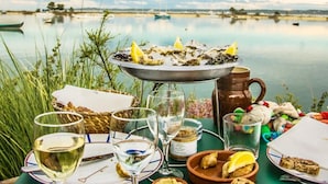 Een eettafel aan het meer, met oesters, wijnglazen en een rustieke uitstraling.