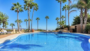 Ein Pool mit klarem, blauem Wasser, umgeben von hohen Palmen und Liegestühlen.