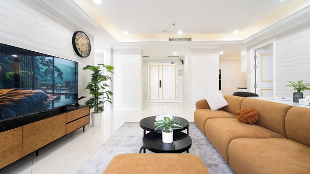 Uma sala de estar moderna com televisão de tela plana, sofá, mesa de centro e um vaso de planta.