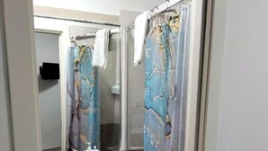 Un baño con cortina de ducha, lavabo y espejo.