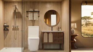 A modern bathroom with a shower, toilet, vanity, and a large window with a view of a grassy landscape. - VICTORIA STARFALL MAASAI MARA (Maasai Mara)