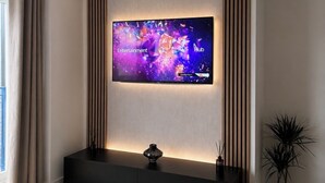 Uma sala de estar moderna com uma TV de tela plana na parede, um rack de entretenimento preto, um tapete estampado e um vaso com planta.