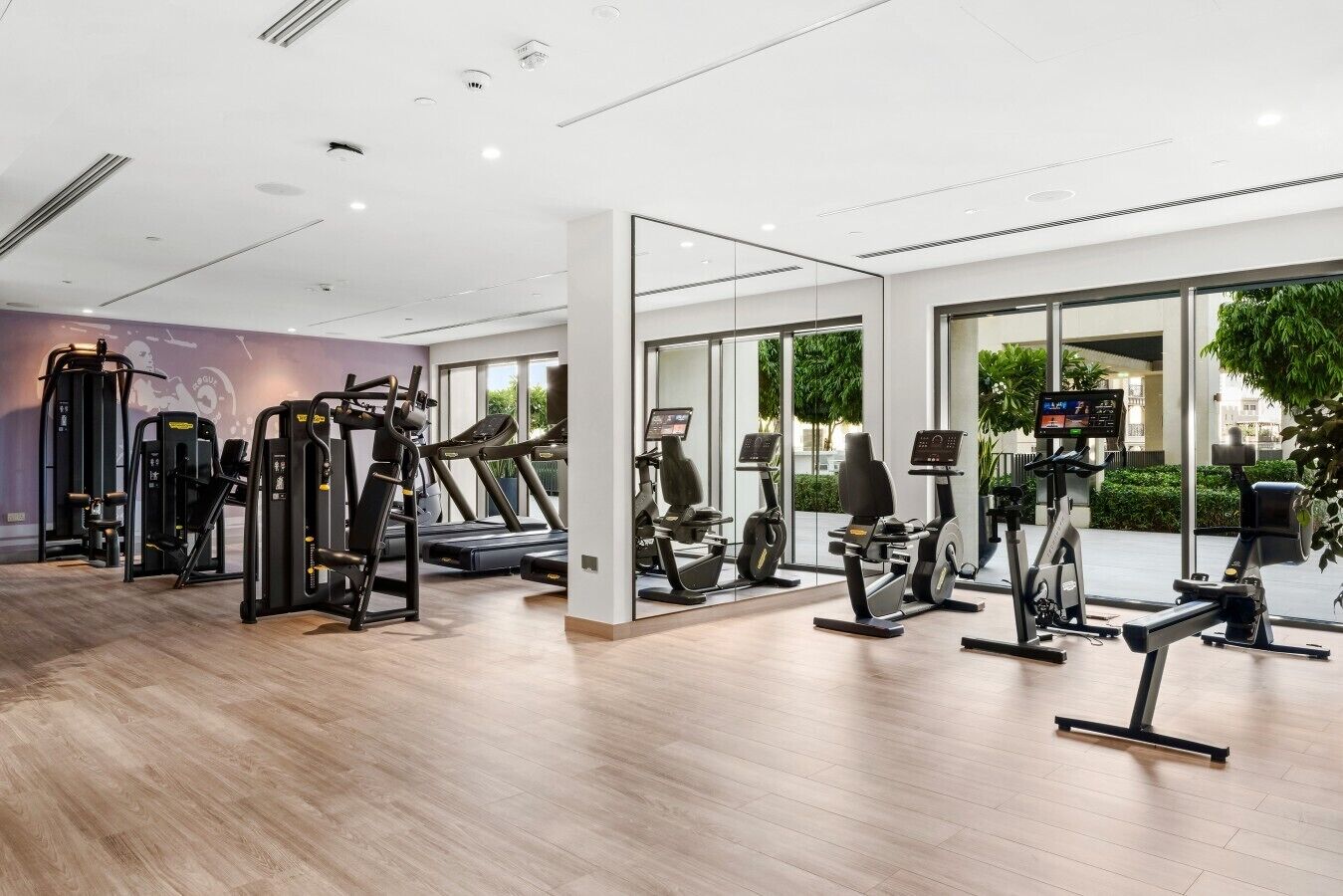 Un gimnasio moderno con diversas máquinas de ejercicio, ventanas amplias y un piso limpio de madera.