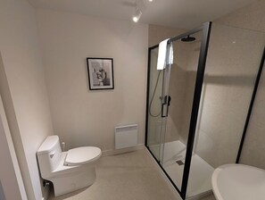 Moderni kylpyhuone, jossa on wc, lasiseinällä varustettu suihku ja patteri.