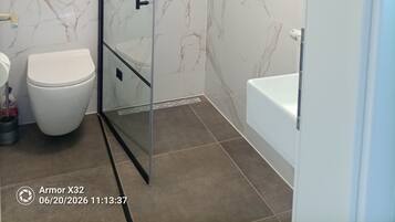 Shower, hair dryer, towels, toilet paper