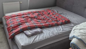 Une chambre à coucher avec un lit, un radiateur, une fenêtre avec des stores et une tête de lit grise.