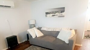 A living room with a grey sofa, a grey rug, wooden flooring, a wall-mounted air conditioner, and a framed picture. - Gorgeous 1-bedroom building with AC in friendly Seymour keypad entry (Seymour)