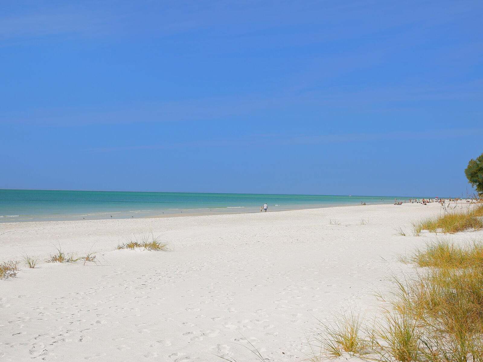 A sandy beach with clear blue water and a few people walking.