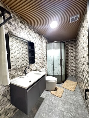 Dusche, Haartrockner, Handtücher, Seife