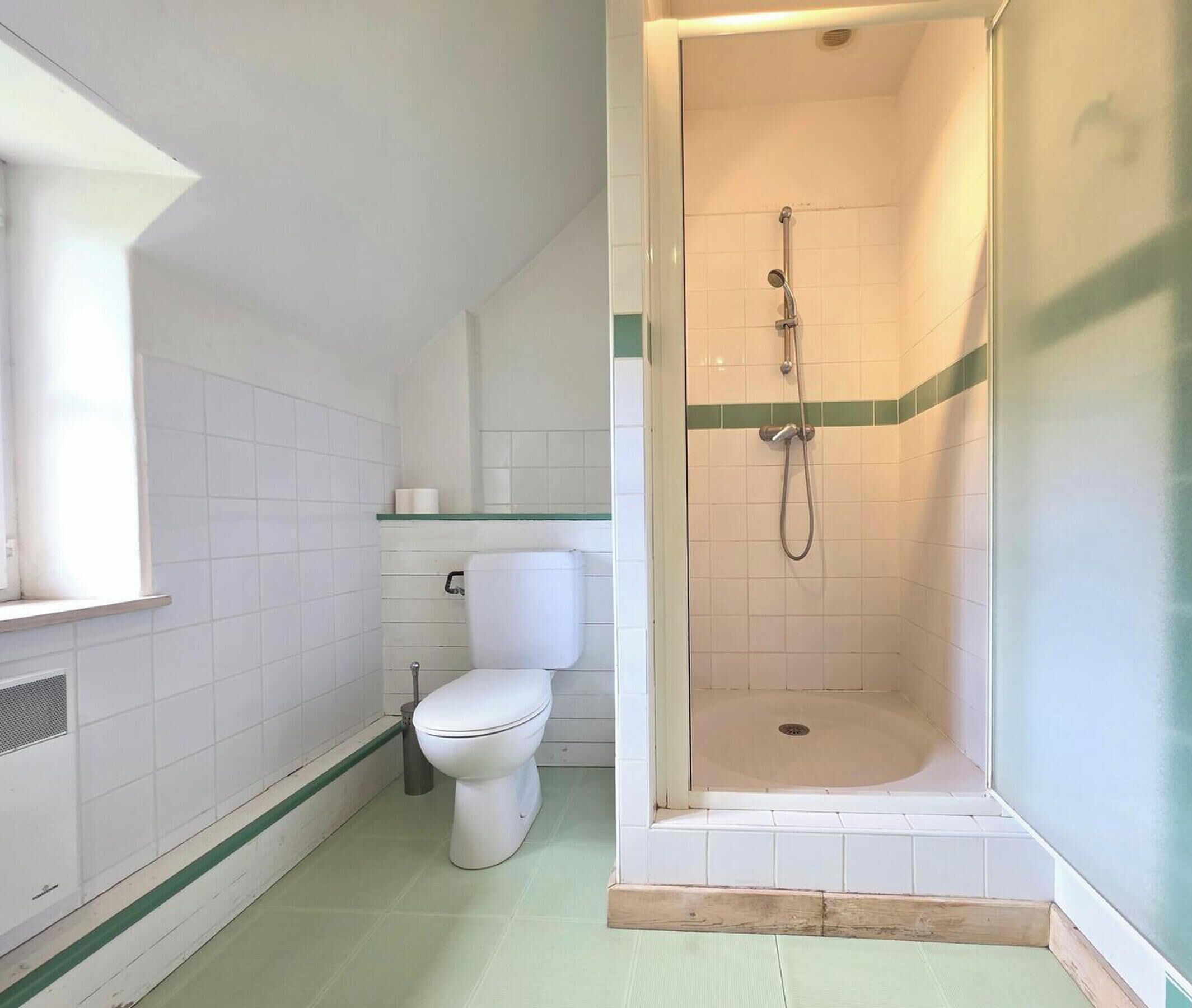Een badkamer met een toilet, douche en een raam.