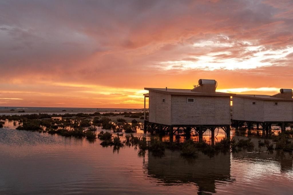 Ein Ufergrundstück mit erhöhten Strukturen, vermutlich für Unterkünfte, mit Blick auf das Wasser und den Sonnenuntergang.
