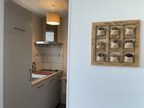 A modern kitchen with a built-in stove, a hanging light fixture, and a wooden wall decoration with herbs and spices. - Charming T2 city center - 2 guests (La Roche-Posay)