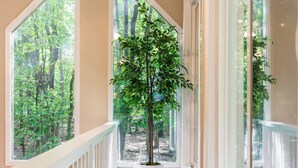 A hallway with a potted tree, large windows, and a white railing.