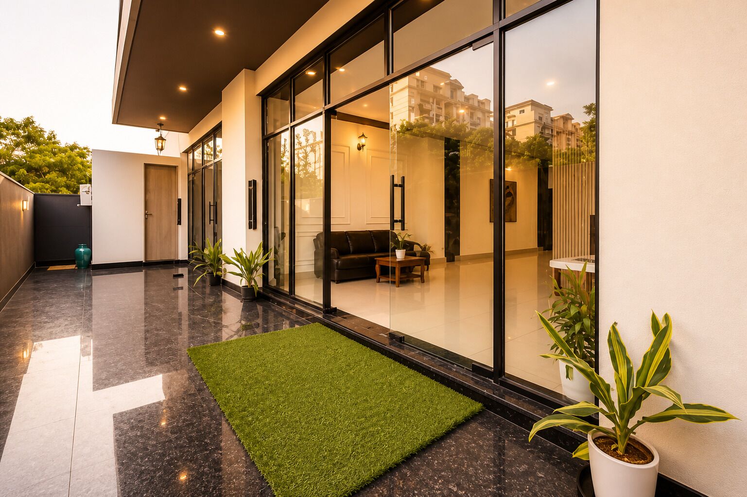 A modern building with large glass windows, a green artificial turf area, and potted plants.