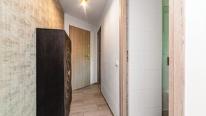 Un pasillo con piso de madera, un armario negro, una puerta de madera y una puerta verde.