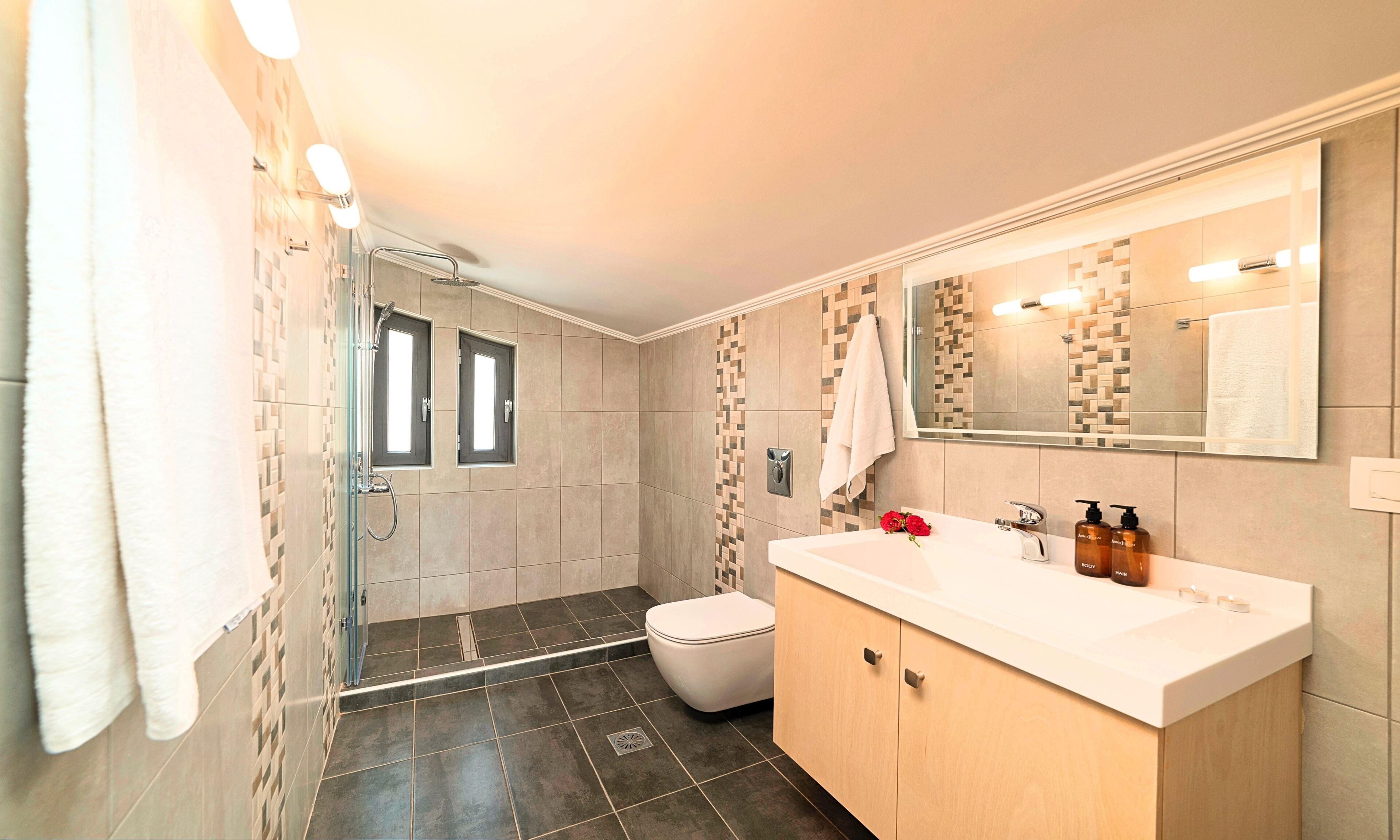 Une salle de bain moderne équipée d’une douche, de toilettes et d’un meuble-lavabo.
