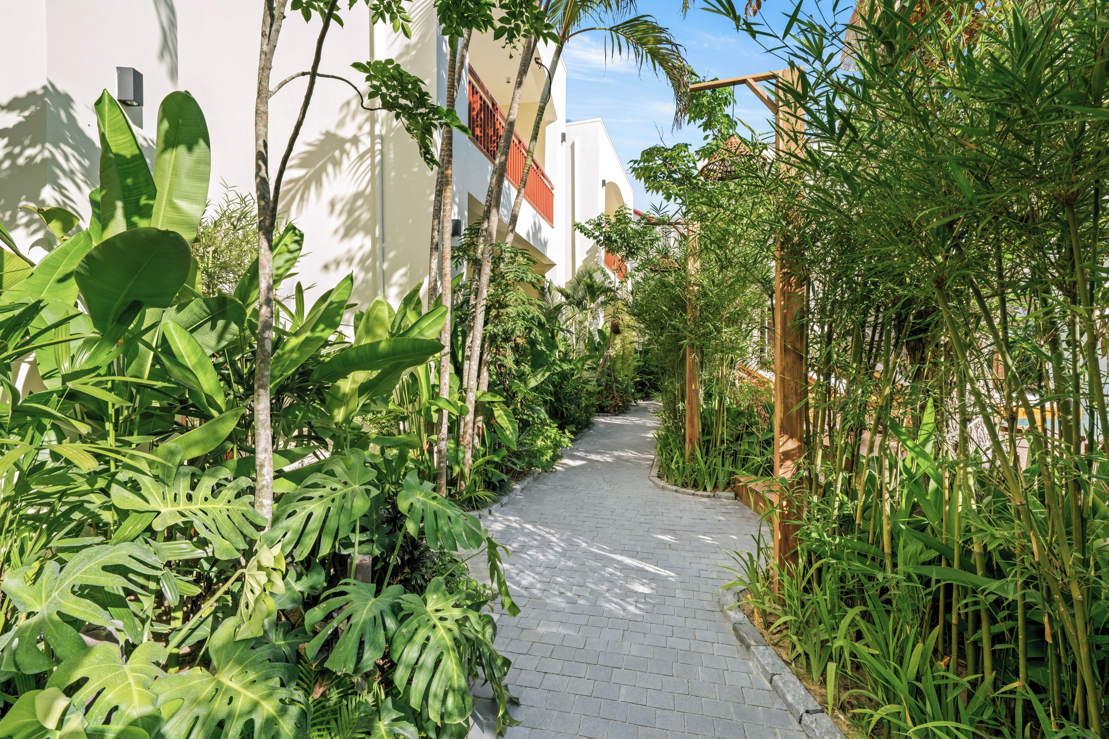 A paved pathway flanked by lush greenery and white buildings with red accents.