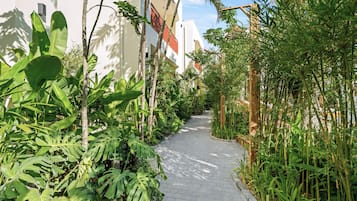 A paved pathway flanked by lush greenery and white buildings with red accents.