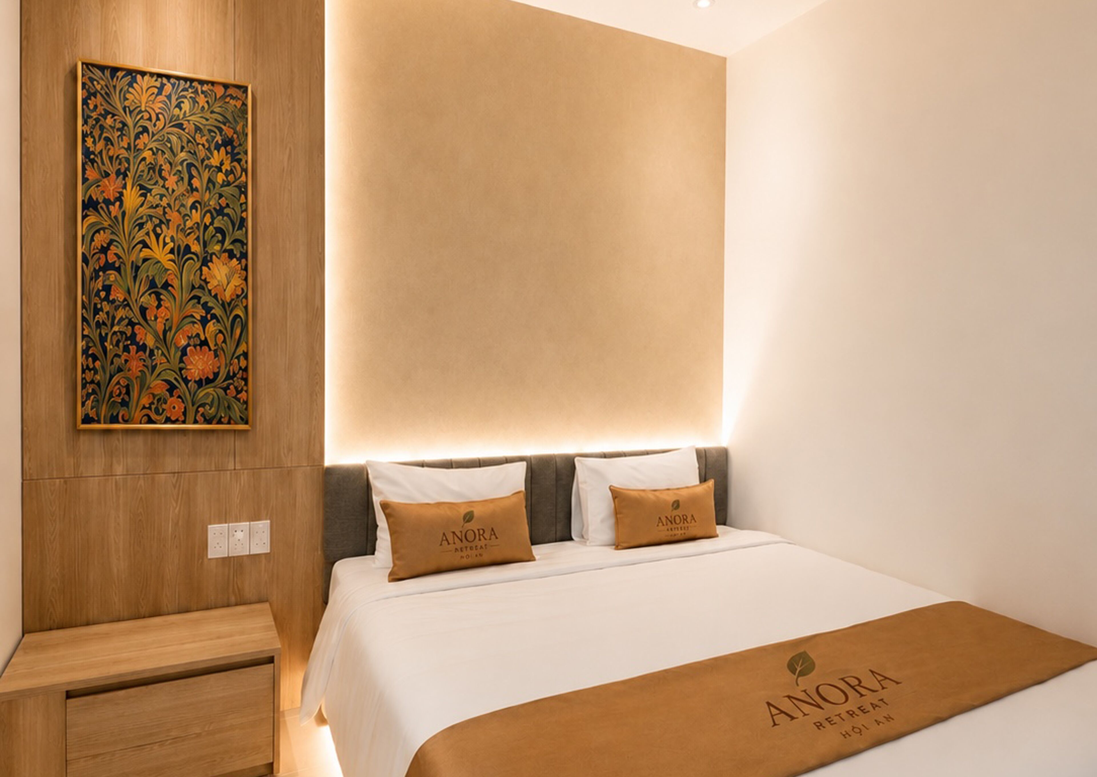 Habitación de hotel con cama, dos almohadas, una mesita de noche, una obra de arte en la pared y una luz empotrada en el techo.