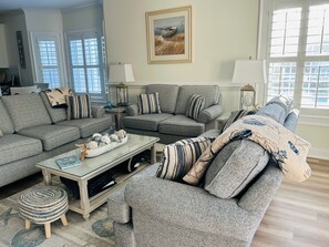 A living room with two grey sofas, a coffee table, and a side table with a lamp. - Turtle Watch : 3  BR, 2  BA Condominium in Garden City, Sleeps 6 (Garden City)