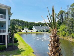 A building with a pool and a fountain, surrounded by greenery and trees. - Turtle Watch : 3  BR, 2  BA Condominium in Garden City, Sleeps 6 (Garden City)
