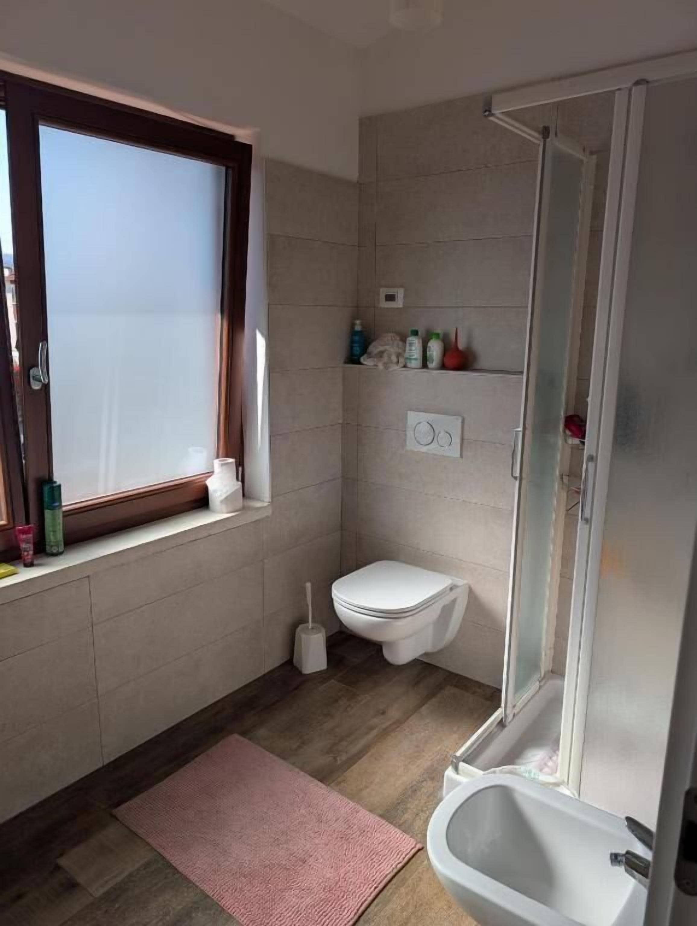 Duschwanne, Haartrockner, Handtücher, Toilettenpapier