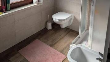 Duschwanne, Haartrockner, Handtücher, Toilettenpapier