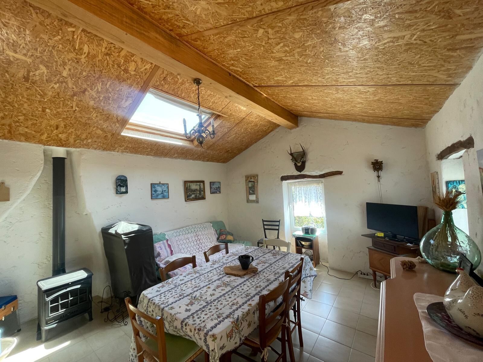 TV connectée, cheminée, livres, chaîne hi-fi