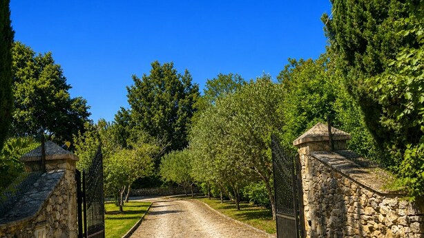 Un sendero de piedra que conduce a una entrada con portón, con un muro de piedra a un lado y una reja metálica al otro.
