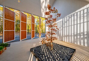 A modern interior with a central tree, a concrete floor, and wooden partitions. - Broken Bow Architectural Digest Featured Retreat (Broken Bow)