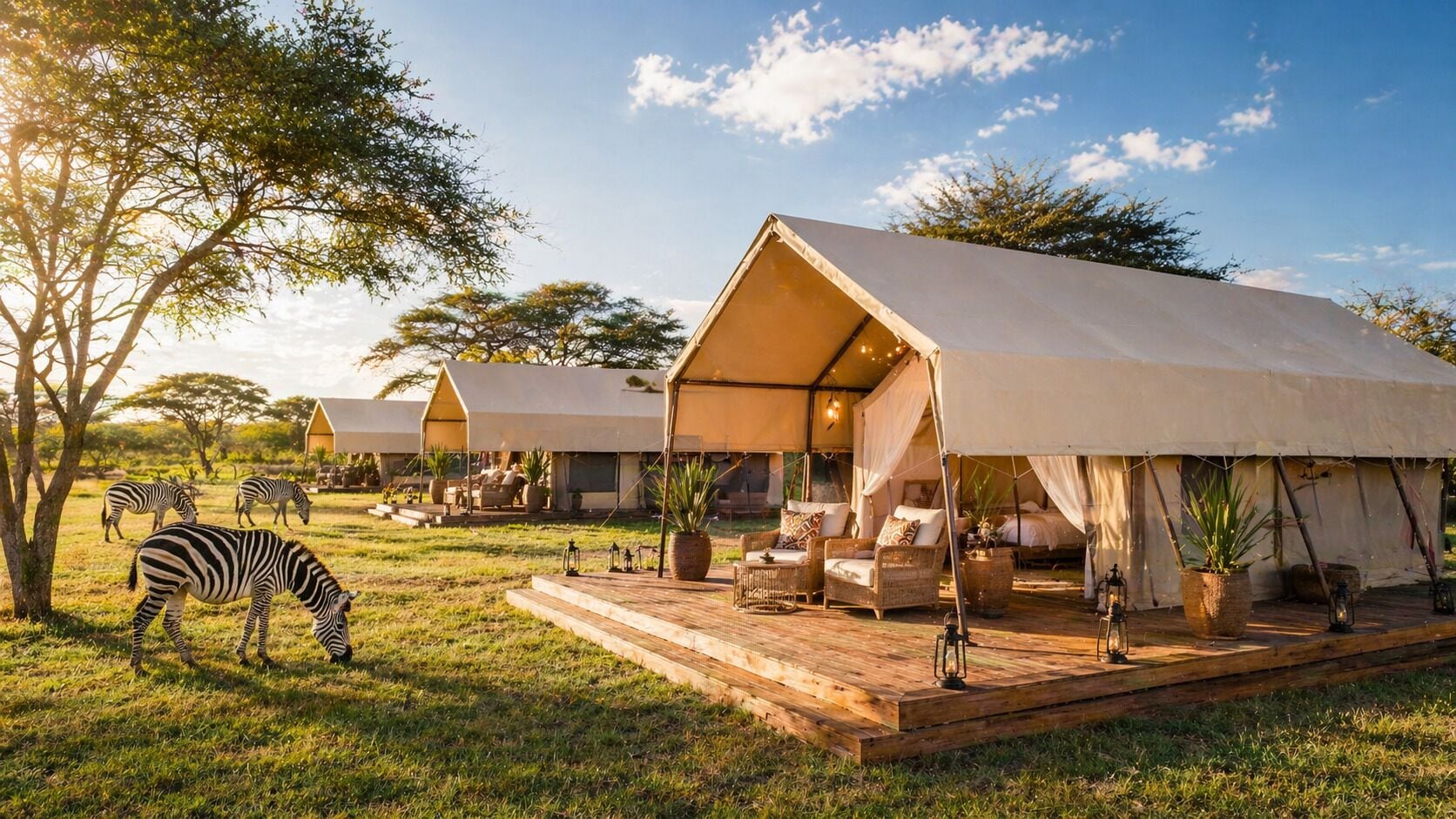 A safari lodge with open-air tents, a wooden deck, and a zebra grazing nearby.
