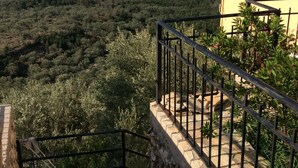 A stone staircase leading to a balcony with a metal railing overlooking a mountainous landscape and the sea. - OLIVE Apartment (Vuno)
