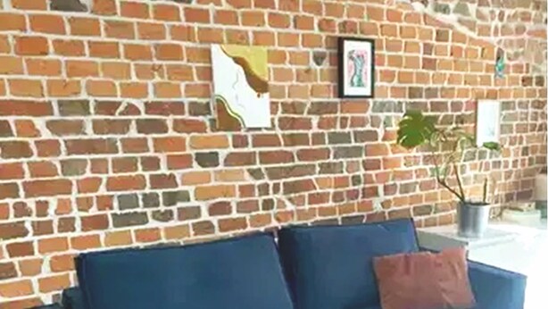 A blue sofa against a brick wall with a framed picture and a potted plant. - Charming apartment in lovely Toruń perfect for your getaway (Toruń)