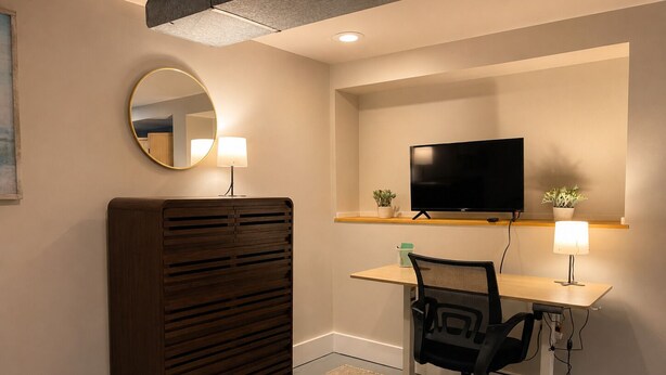 A hotel room with a bed, a desk with a chair, a television, a mirror, and two lamps. -  5-Min Walk to PSNS / 1,200 Sq Ft Furnished Suite / 30+ Nights / Pet Friendly (Bremerton)