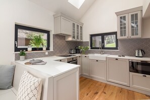 A modern kitchen with a central island, built-in appliances, and large windows. - Villa Polje, Lakes Bled & Bohinj (Polje)
