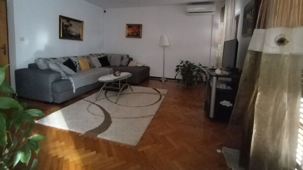Ein Wohnzimmer mit grauem Sofa, einem kleinen runden Tisch, einem Blumentopf und einem TV-Schrank.