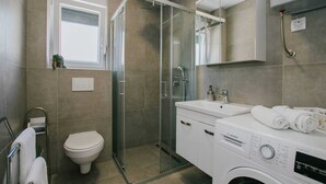 Ein modernes Badezimmer mit Duschabtrennung aus Glas, einer Waschmaschine von Bosch, einem Waschbecken und einer Toilette.