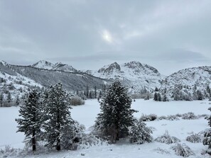 Eine verschneite Berglandschaft mit Bäumen und blauem Himmel.