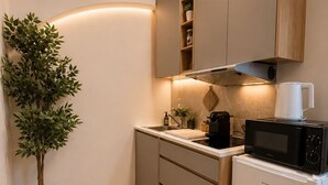 A compact kitchen with a microwave, kettle, and a potted plant. - Terrace & Fireplace Hideway / Wenceslas square (Hlavní město Praha)