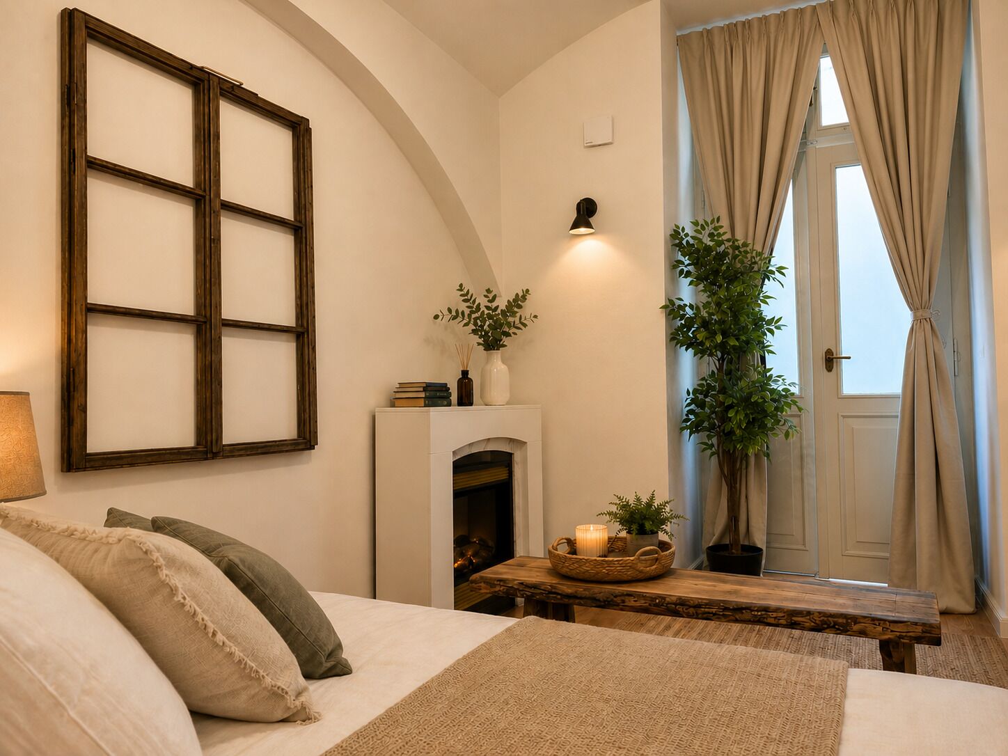 A bedroom with a bed, a fireplace, a wall-mounted picture frame, a bedside table with a candle, and a large window with curtains.