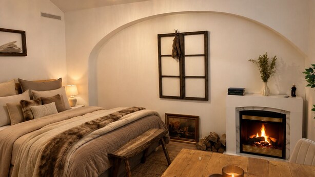 A cozy room with a bed, a bench, a table with a candle, a fireplace, and a hanging light fixture. - Terrace & Fireplace Hideway / Wenceslas square (Hlavní město Praha)