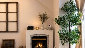 A living room with a fireplace, a large window with curtains, a potted plant, and a framed picture on the wall. - Terrace & Fireplace Hideway / Wenceslas square (Hlavní město Praha)