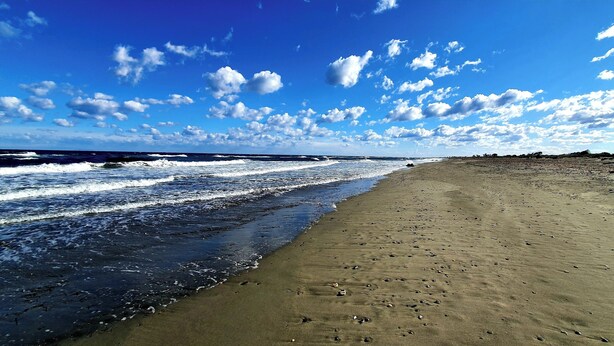 Une plage avec des vagues, un ciel dégagé et une montagne lointaine.