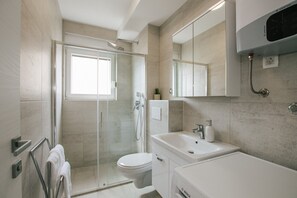Ein modernes Badezimmer mit einer Duschkabine, einer weißen Toilette und einem Waschbecken mit Spiegel.