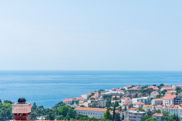 Eine Küstenstadt mit Gebäuden, wolkenlosem Himmel und dem Meer im Hintergrund.