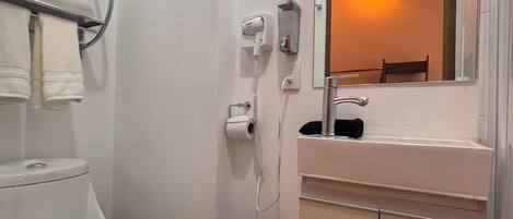 Une salle de bain équipée de toilettes, d’un porte-serviettes, d’un sèche-cheveux, d’un miroir et d’une poubelle.