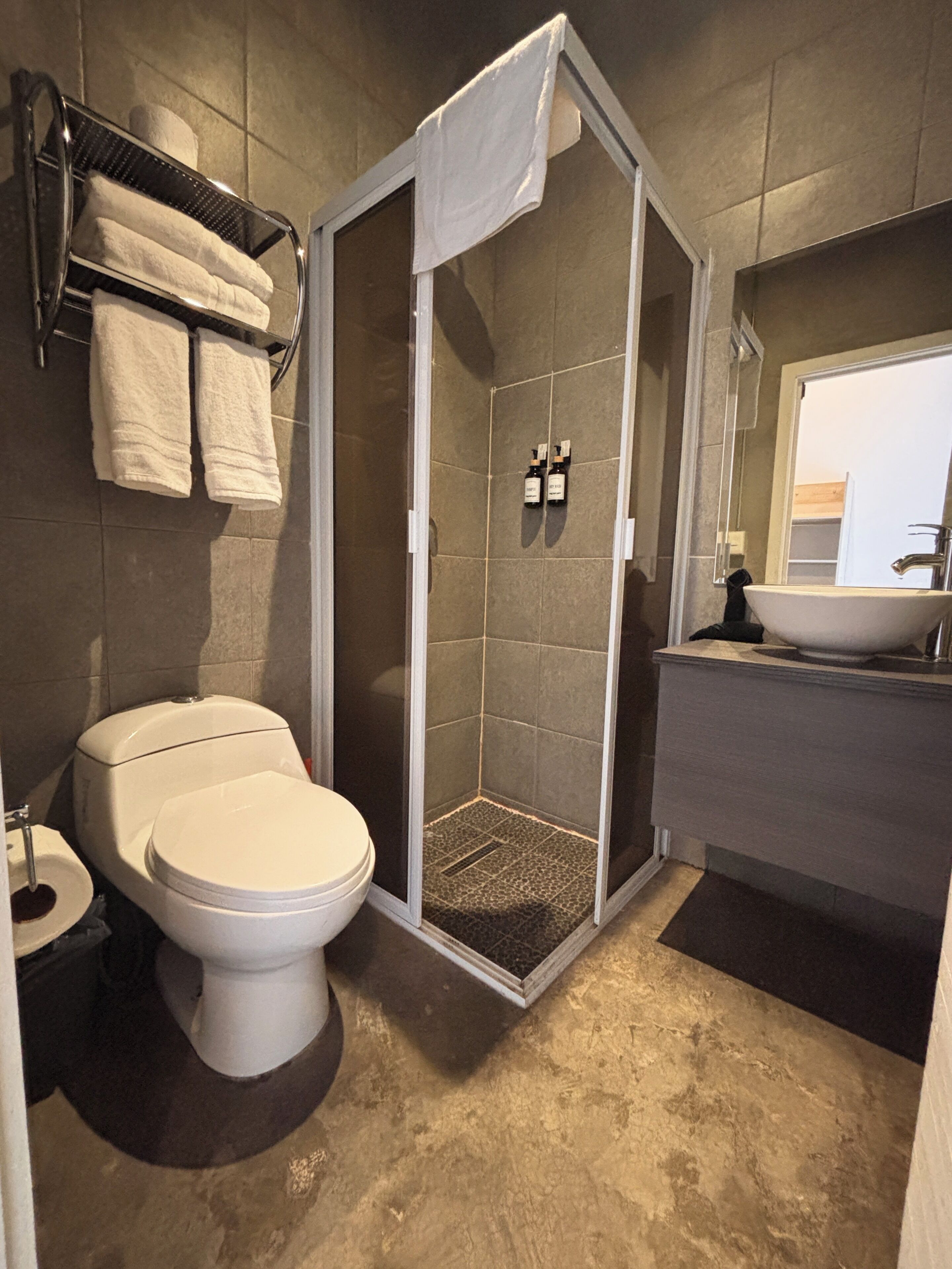 A bathroom with a toilet, a shower enclosure, a sink, and a towel rack.