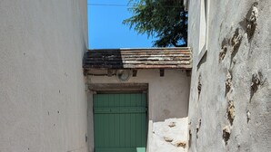 A narrow alleyway with a green door, stone steps, and a red and white wall.