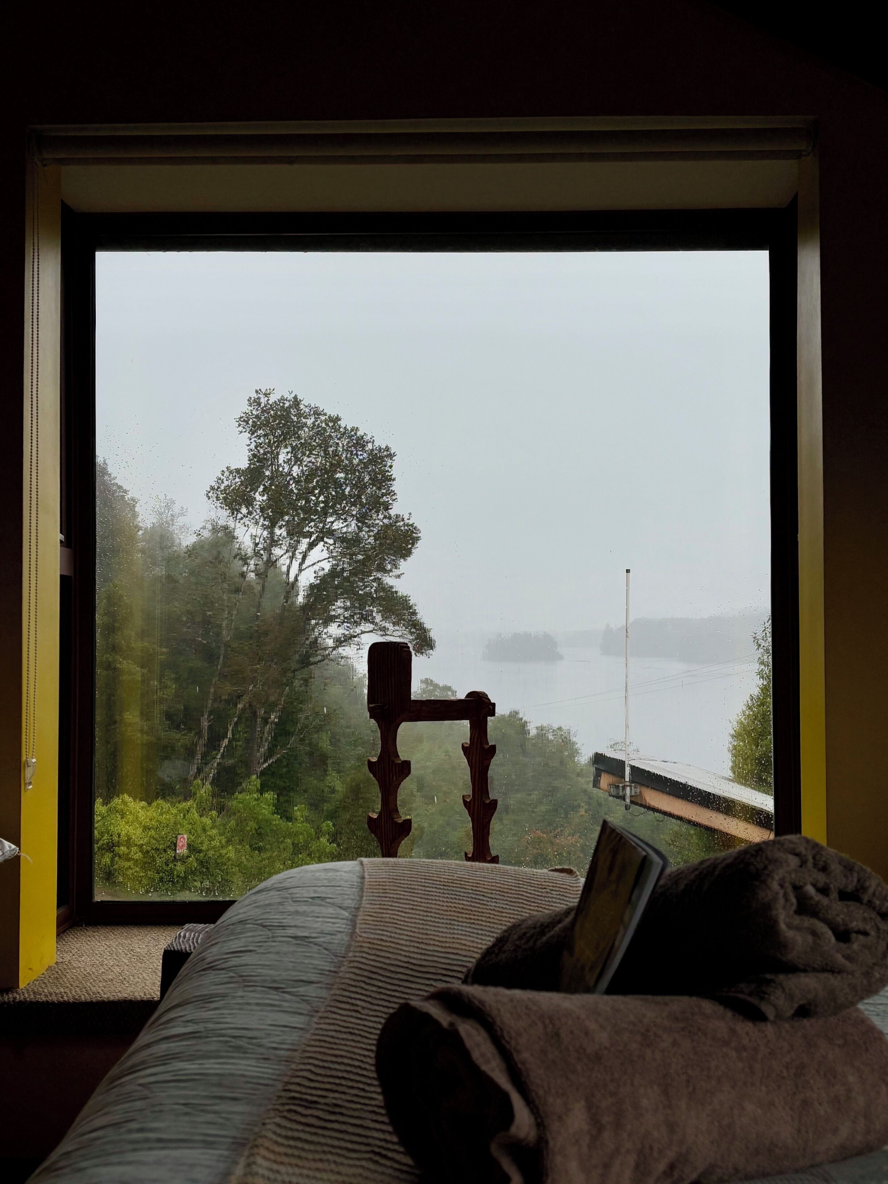 Una cama con vista a un cuerpo de agua y árboles a través de una ventana.