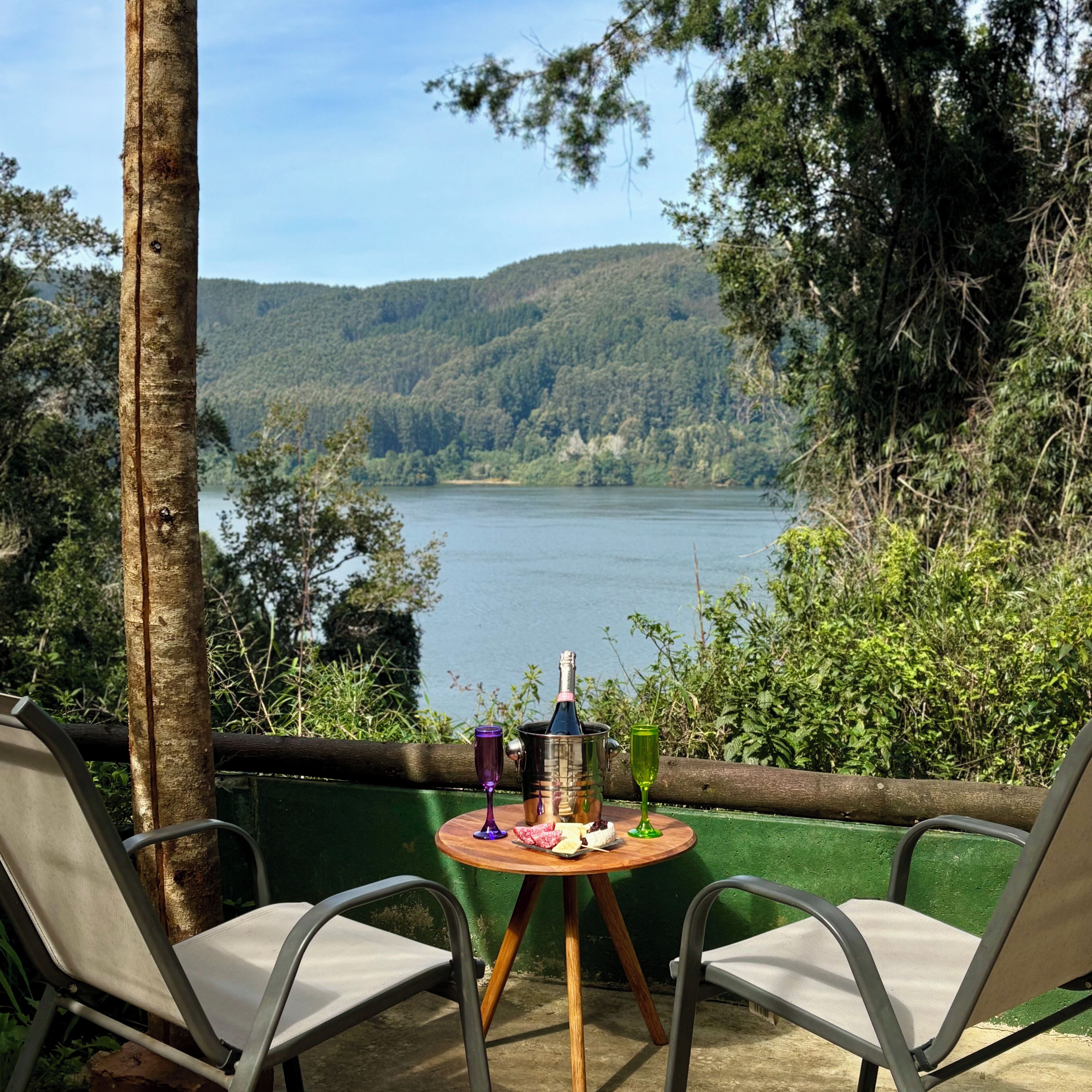 A table with a bottle and glasses, two chairs, and a view of a lake and forest.